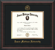 Image of James Madison University Diploma Frame - Mahogany Braid - w/Embossed Seal & Name - Black on Gold mat