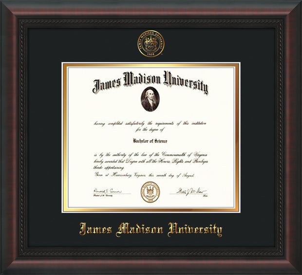 Image of James Madison University Diploma Frame - Mahogany Braid - w/Embossed Seal & Name - Black on Gold mat