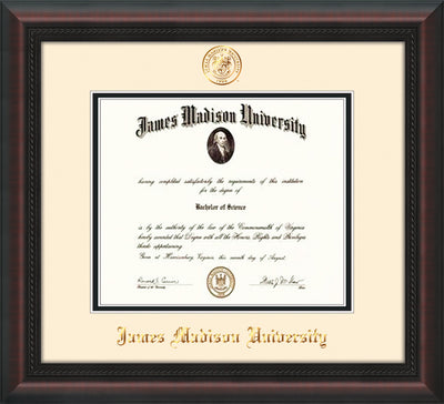Image of James Madison University Diploma Frame - Mahogany Braid - w/Embossed Seal & Name - Cream on Black mat