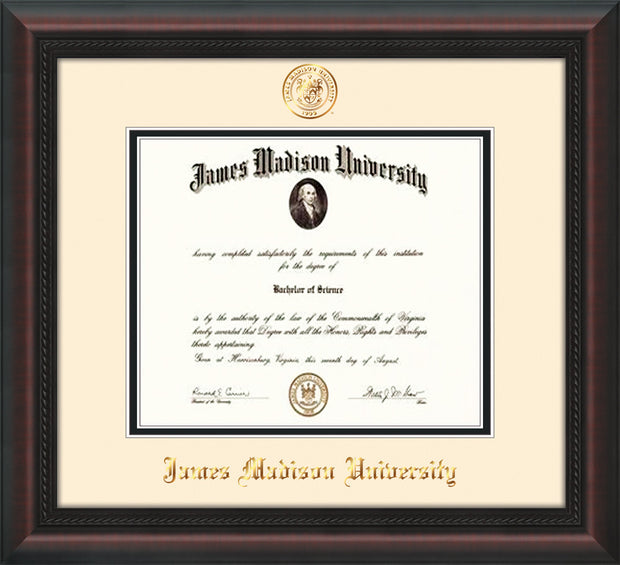 Image of James Madison University Diploma Frame - Mahogany Braid - w/Embossed Seal & Name - Cream on Black mat