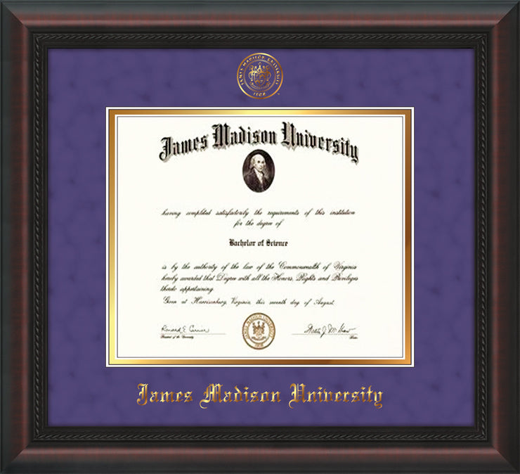 Image of James Madison University Diploma Frame - Mahogany Braid - w/Embossed Seal & Name - Purple Suede on Gold mat
