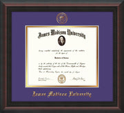Image of James Madison University Diploma Frame - Mahogany Braid - w/Embossed Seal & Name - Purple on Gold mat