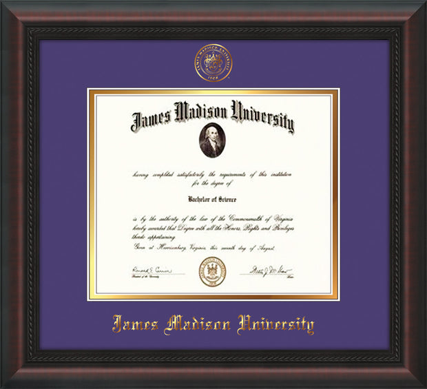 Image of James Madison University Diploma Frame - Mahogany Braid - w/Embossed Seal & Name - Purple on Gold mat