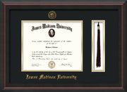 Image of James Madison University Diploma Frame - Mahogany Braid - w/Embossed Seal & Name - Tassel Holder - Black on Gold mat