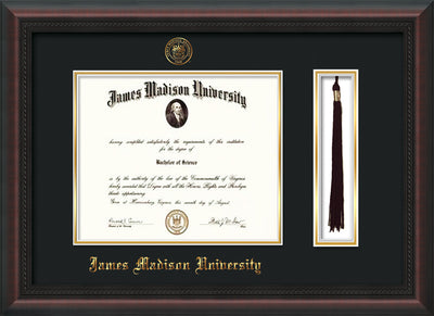 Image of James Madison University Diploma Frame - Mahogany Braid - w/Embossed Seal & Name - Tassel Holder - Black on Gold mat