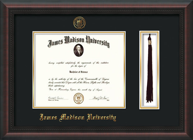 Image of James Madison University Diploma Frame - Mahogany Braid - w/Embossed Seal & Name - Tassel Holder - Black on Gold mat