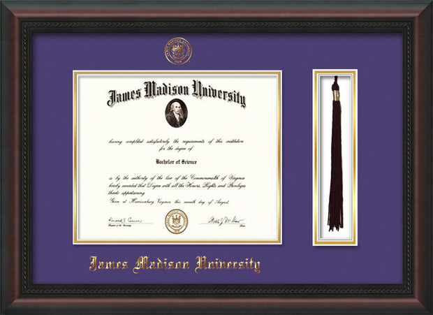 Image of James Madison University Diploma Frame - Mahogany Braid - w/Embossed Seal & Name - Tassel Holder - Purple on Gold mat