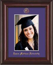 Image of James Madison University 5 x 7 Photo Frame - Mahogany Lacquer - w/Official Embossing of JMU Seal & Name - Single Purple mat