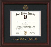 Image of James Madison University Diploma Frame - Mahogany Lacquer - w/Embossed Seal & Name - Black Suede on Gold mat