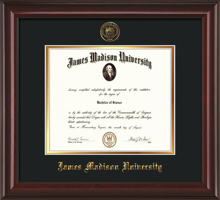 Image of James Madison University Diploma Frame - Mahogany Lacquer - w/Embossed Seal & Name - Black on Gold mat