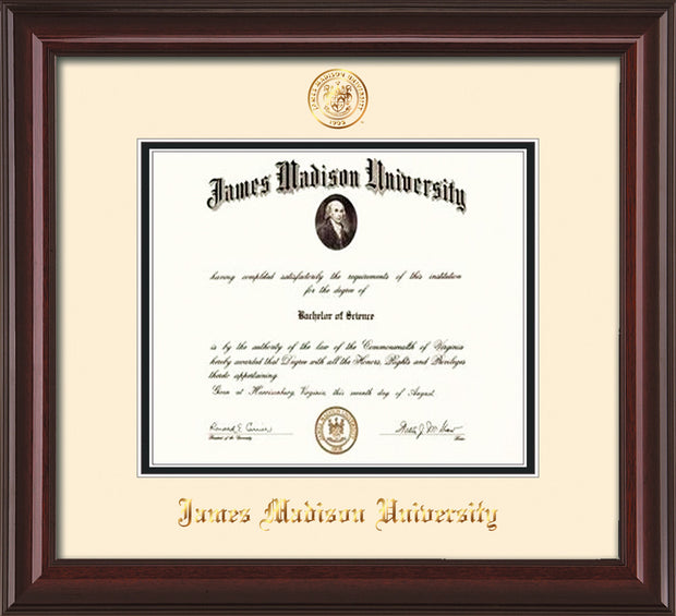 Image of James Madison University Diploma Frame - Mahogany Lacquer - w/Embossed Seal & Name - Cream on Black mat