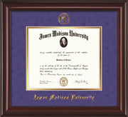 Image of James Madison University Diploma Frame - Mahogany Lacquer - w/Embossed Seal & Name - Purple Suede on Gold mat