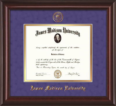 Image of James Madison University Diploma Frame - Mahogany Lacquer - w/Embossed Seal & Name - Purple Suede on Gold mat