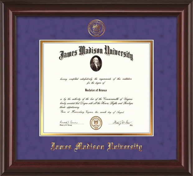 Image of James Madison University Diploma Frame - Mahogany Lacquer - w/Embossed Seal & Name - Purple Suede on Gold mat