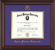 Image of James Madison University Diploma Frame - Mahogany Lacquer - w/Embossed Seal & Name - Purple on Gold mat