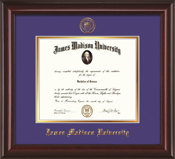 Image of James Madison University Diploma Frame - Mahogany Lacquer - w/Embossed Seal & Name - Purple on Gold mat