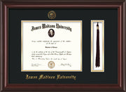 Image of James Madison University Diploma Frame - Mahogany Lacquer - w/Embossed Seal & Name - Tassel Holder - Black on Gold mat