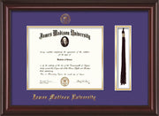 Image of James Madison University Diploma Frame - Mahogany Lacquer - w/Embossed Seal & Name - Tassel Holder - Purple on Gold mat