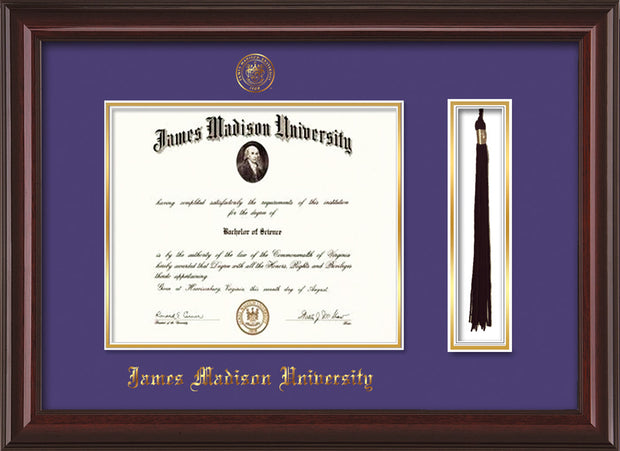 Image of James Madison University Diploma Frame - Mahogany Lacquer - w/Embossed Seal & Name - Tassel Holder - Purple on Gold mat