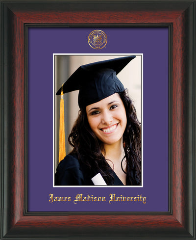 Image of James Madison University 5 x 7 Photo Frame - Rosewood - w/Official Embossing of JMU Seal & Name - Single Purple mat