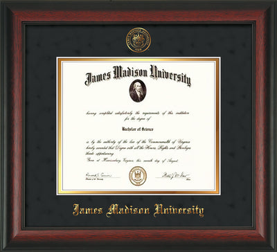 Image of James Madison University Diploma Frame - Rosewood - w/Embossed Seal & Name - Black Suede on Gold mat