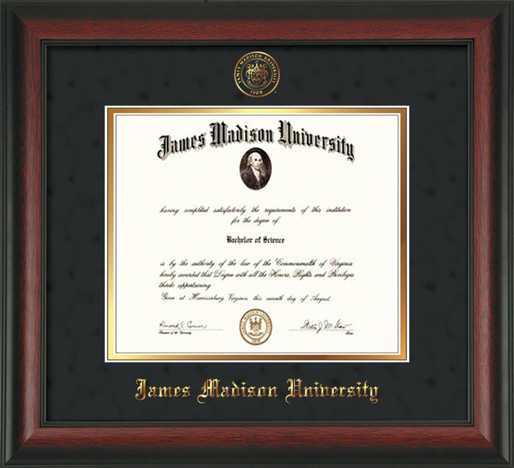 Image of James Madison University Diploma Frame - Rosewood - w/Embossed Seal & Name - Black Suede on Gold mat