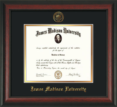 Image of James Madison University Diploma Frame - Rosewood - w/Embossed Seal & Name - Black on Gold mat