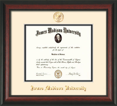 Image of James Madison University Diploma Frame - Rosewood - w/Embossed Seal & Name - Cream on Black mat