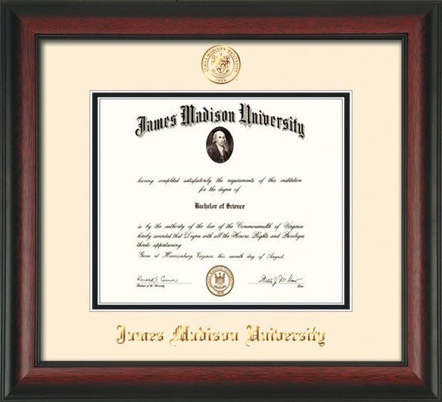 Image of James Madison University Diploma Frame - Rosewood - w/Embossed Seal & Name - Cream on Black mat