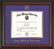 Image of ames Madison University Diploma Frame - Rosewood - w/Embossed Seal & Name - Purple Suede on Gold mat