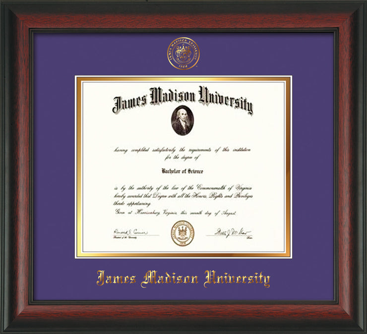 Image of James Madison University Diploma Frame - Rosewood - w/Embossed Seal & Name - Purple on Gold mat