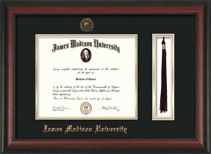 Image of James Madison University Diploma Frame - Rosewood - w/Embossed Seal & Name - Tassel Holder - Black on Gold mat