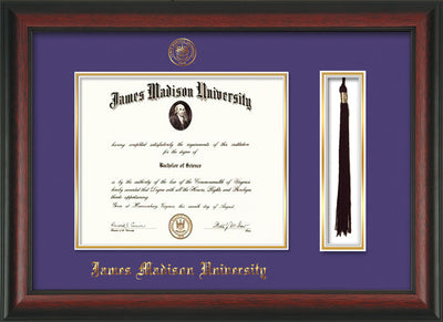Image of James Madison University Diploma Frame - Rosewood - w/Embossed Seal & Name - Tassel Holder - Purple on Gold mat