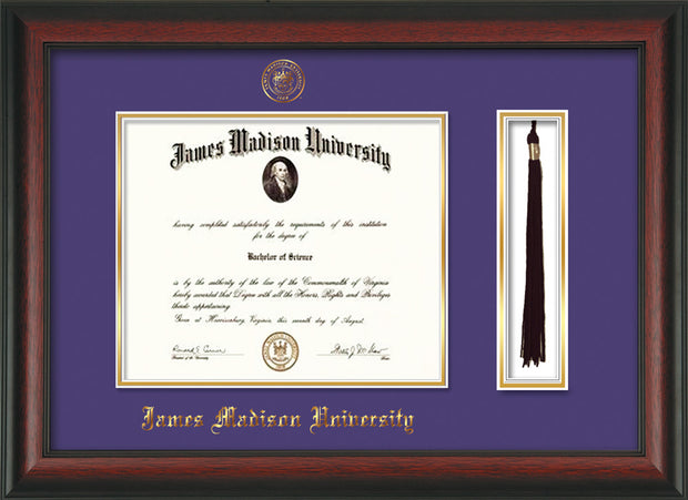 Image of James Madison University Diploma Frame - Rosewood - w/Embossed Seal & Name - Tassel Holder - Purple on Gold mat