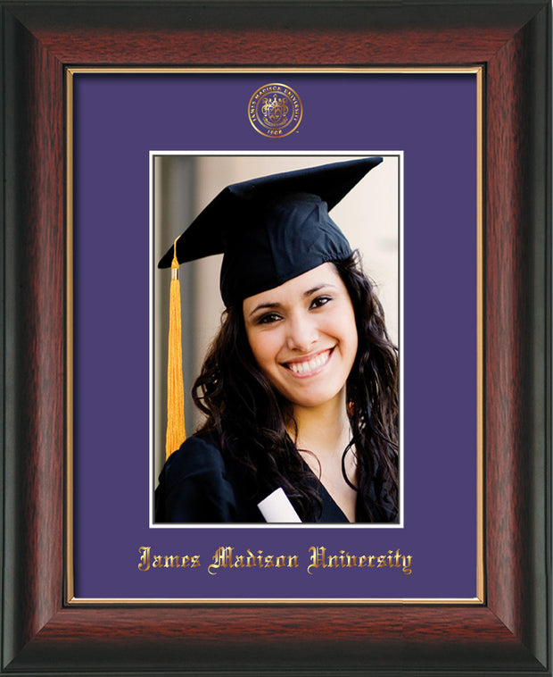 Image of James Madison University 5 x 7 Photo Frame - Rosewood w/Gold Lip - w/Official Embossing of JMU Seal & Name - Single Purple mat