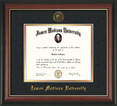 Image of James Madison University Diploma Frame - Rosewood w/Gold Lip - w/Embossed Seal & Name - Black Suede on Gold mat