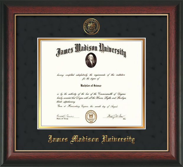 Image of James Madison University Diploma Frame - Rosewood w/Gold Lip - w/Embossed Seal & Name - Black Suede on Gold mat