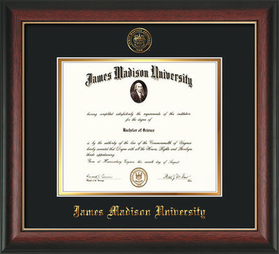 Image of James Madison University Diploma Frame - Rosewood w/Gold Lip - w/Embossed Seal & Name - Black on Gold mat