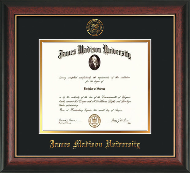Image of James Madison University Diploma Frame - Rosewood w/Gold Lip - w/Embossed Seal & Name - Black on Gold mat