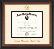 Image of James Madison University Diploma Frame - Rosewood w/Gold Lip - w/Embossed Seal & Name - Cream on Black mat