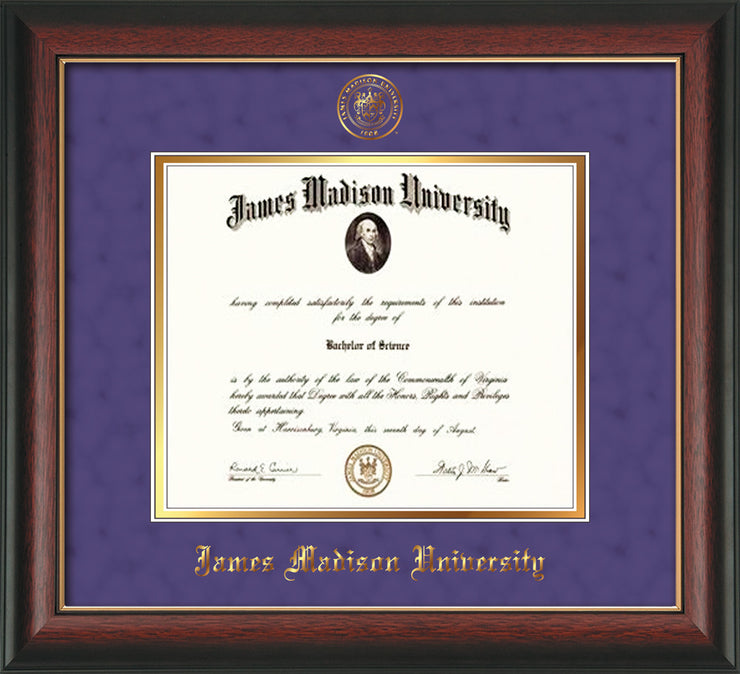 Image of James Madison University Diploma Frame - Rosewood w/Gold Lip - w/Embossed Seal & Name - Purple Suede on Gold mat