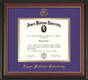 Image of James Madison University Diploma Frame - Rosewood w/Gold Lip - w/Embossed Seal & Name - Purple on Gold mat