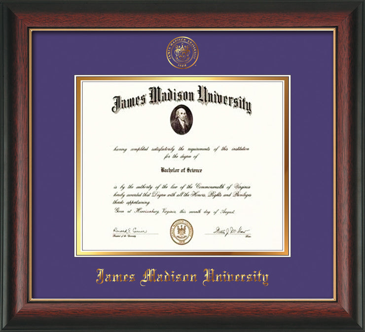 Image of James Madison University Diploma Frame - Rosewood w/Gold Lip - w/Embossed Seal & Name - Purple on Gold mat