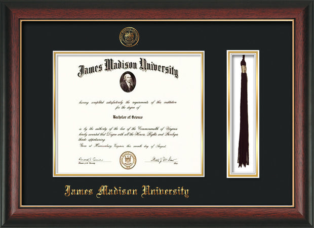 Image of James Madison University Diploma Frame - Rosewood w/Gold Lip - w/Embossed Seal & Name - Tassel Holder - Black on Gold mat