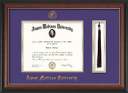 Image of James Madison University Diploma Frame - Rosewood w/Gold Lip - w/Embossed Seal & Name - Tassel Holder - Purple on Gold mat