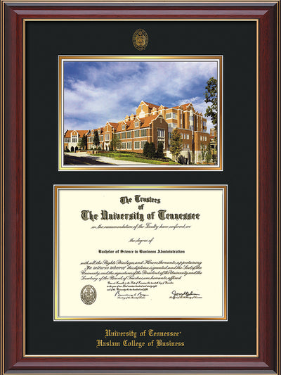 Image of University of Tennessee Haslam College of Business Diploma Frame - Mahogany Lacquer - w/UT Embossed Seal & UTHAS Name - Campus Watercolor - Black on Gold Mat
