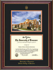 Image of University of Tennessee Haslam College of Business Diploma Frame - Cherry Lacquer - w/UT Embossed Seal & UTHAS Name - Campus Watercolor - Black on Orange Mat