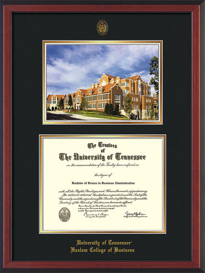 Image of University of Tennessee Haslam College of Business Diploma Frame - Cherry Reverse - w/UT Embossed Seal & UTHAS Name - Campus Watercolor - Black on Gold Mat