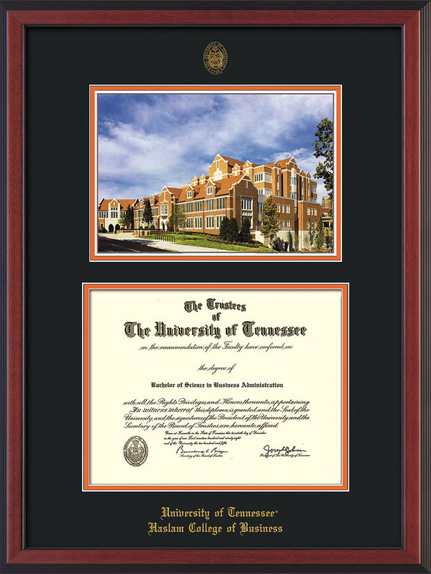Image of University of Tennessee Haslam College of Business Diploma Frame - Cherry Reverse - w/UT Embossed Seal & UTHAS Name - Campus Watercolor - Black on Orange Mat