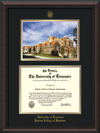 Image of University of Tennessee Haslam College of Business Diploma Frame - Mahogany Braid - w/UT Embossed Seal & UTHAS Name - Campus Watercolor - Black on Gold Mat